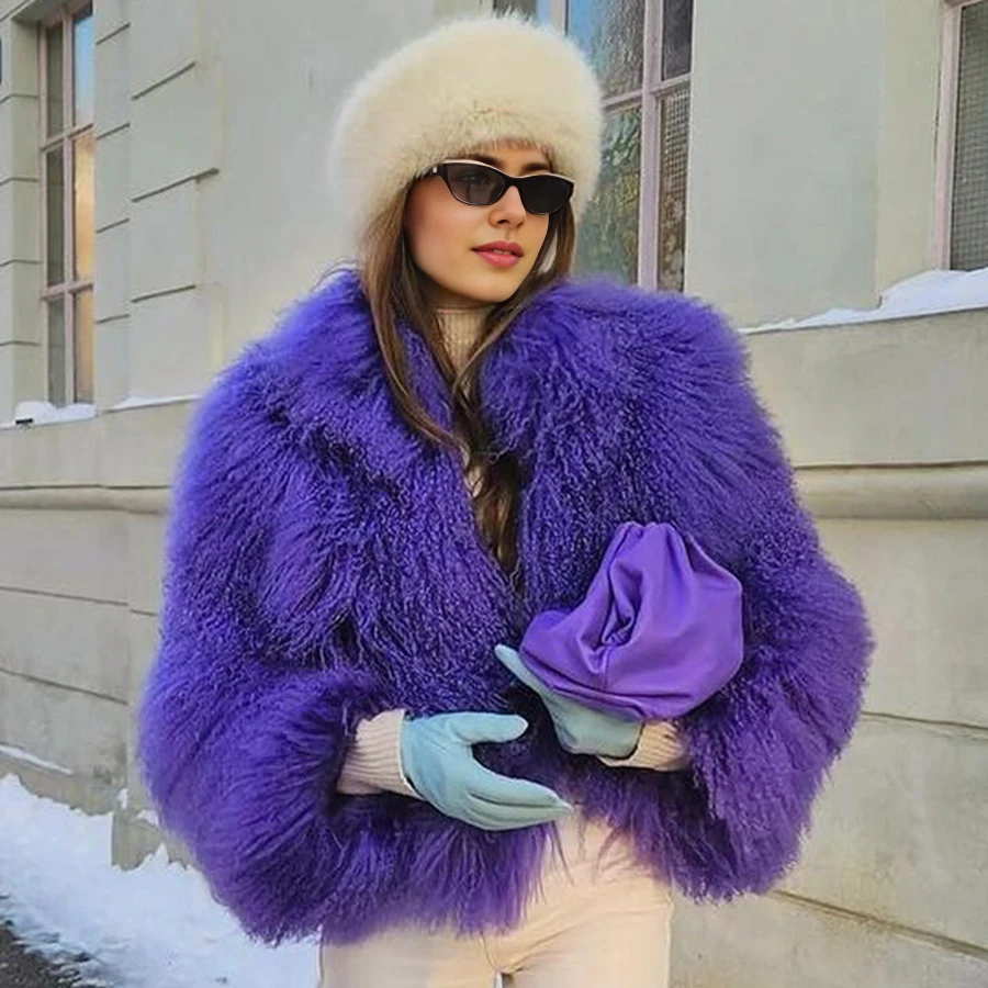 

Натуральная шуба из монгольского меха для женщин, короткая куртка из овечьего меха, фиолетовая, зимняя, из натурального меха