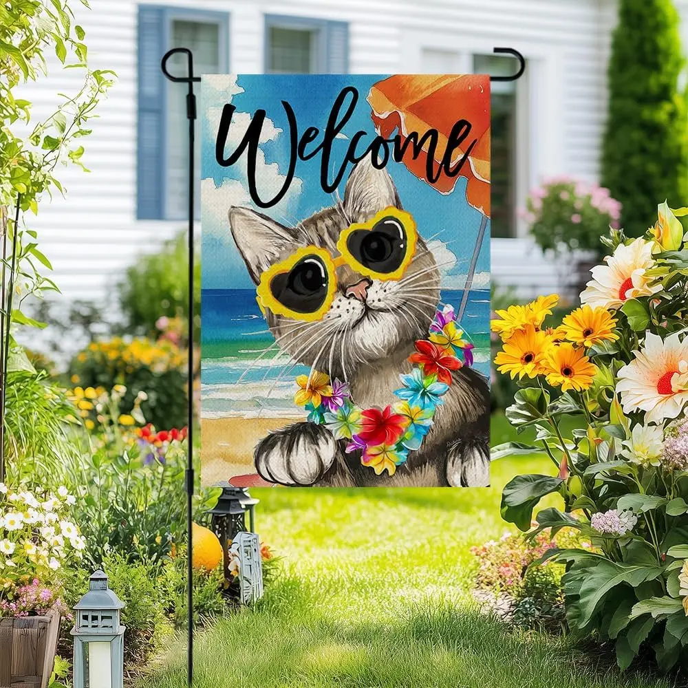 CROWNED BEAUTY Summer Garden Flag Cat Double Sided 12x18 Inches Small Burlap Seasonal Welcome Yard Decoration for Outside Po hhz