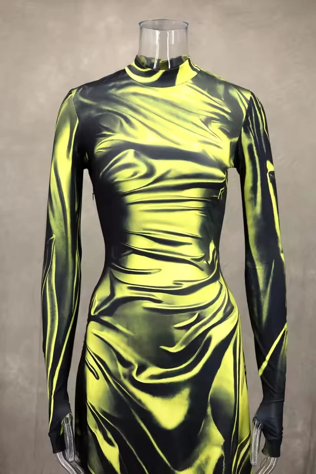 

Fashion 3D Pleated Print Maxi Dress Women Autumn O Neck Long Sleeve Party Club Dresses Elegant Female High Street Robe Green