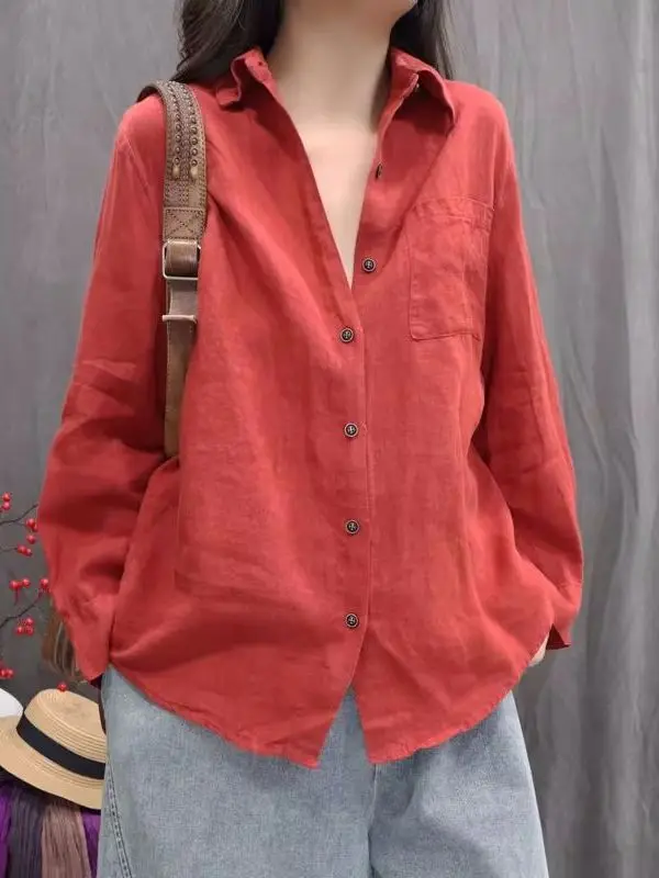 

Винтажная женская рубашка свободного кроя с длинным рукавом, повседневная универсальная весенняя блузка из хлопка и льна, стройнящий топ больших размеров, модная новинка