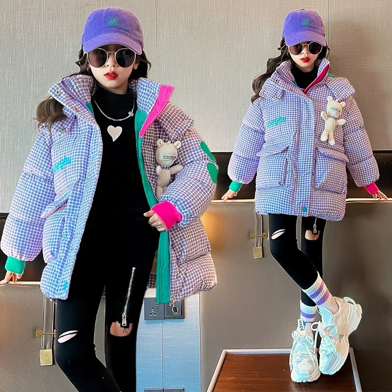 Short Parkas Girls Winter Jacket Houndstooth Fashion Spliced Hooded Cotton Coat Children Warm Bear Clothes  XMP206