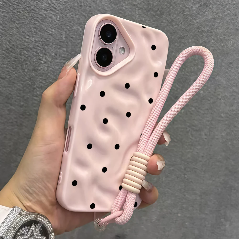 Schwarze Polka-Dots-Silikon-Handyhülle mit Faltenoptik für iPhone 17 15 13 11 12 14 16 17 Pro Max 14 15 16 Plus 17Air mit Lanyard-Abdeckung – Detail 8