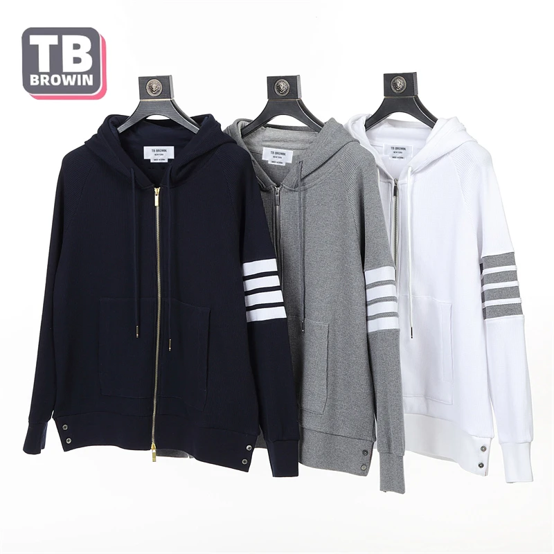 

TB BROWIN men's waffle hoodie trend sports leisure four-bar striped cotton sweater zipper with cardigan tide brand couple jacket