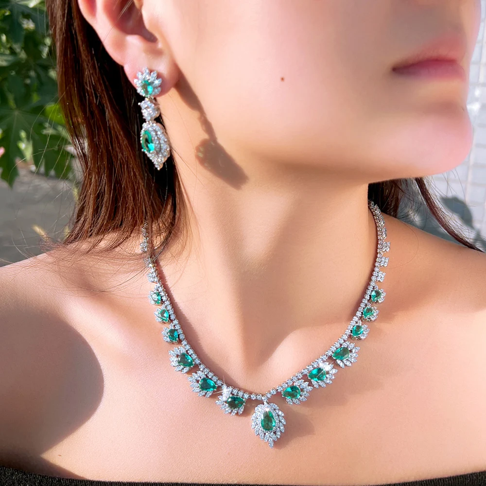 

BeaQueen Gorgeous Ethnic Green Rectangle CZ Zircon Long Pendant Necklace Earrings for Women Wedding Party Jewelry Set Gift JS333