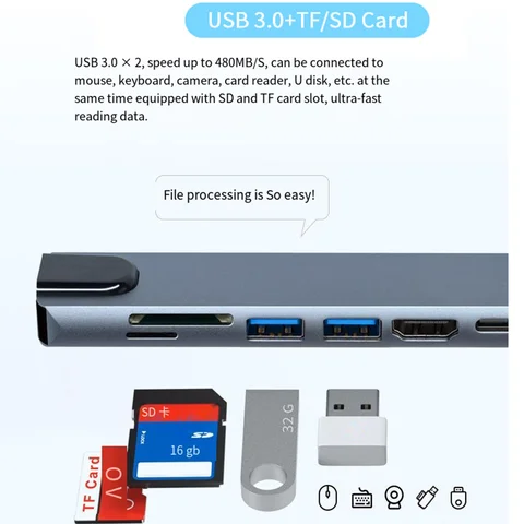 USB C Hub Ethernet USB C 4K HDMI-compatible Adapter 8 IN1 Multiport Type C Adapter for MacBook iPad Pro Dell Hp Lenovo