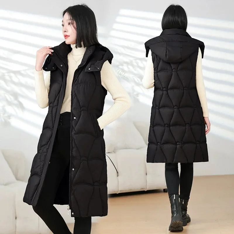 

2025 Autumn Winter Jacket Women Down Cotton Vest Long Solid Sleeveless Coat Female Warm Vest Waistcoat Outerwear