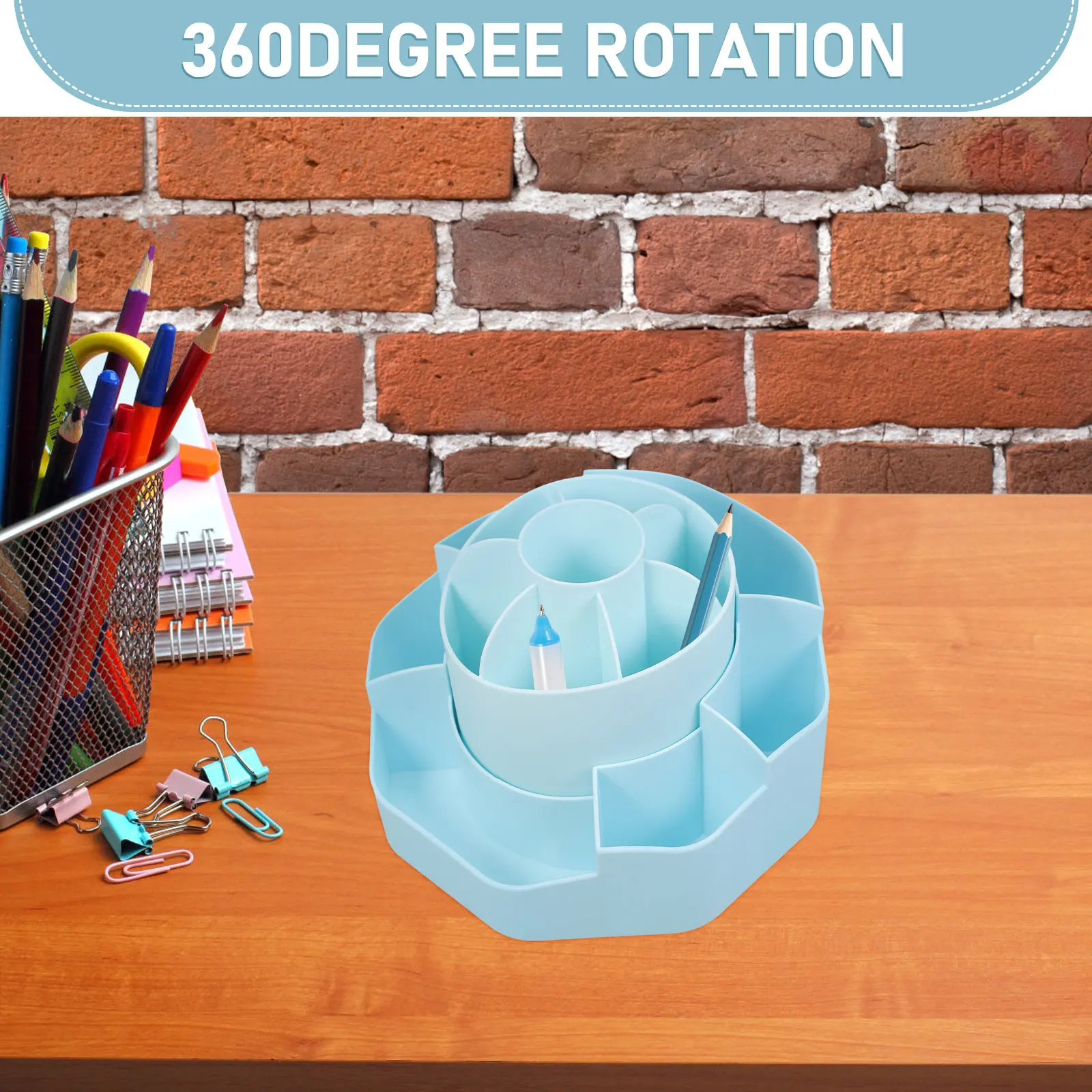Rotatable 2in1 Pencil Holder Stationery Box Desk Organizer Pen Makeup Brush Holder Storage Supply for Home Office