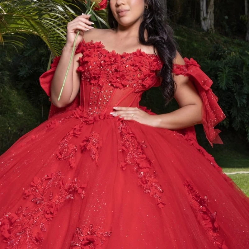 Red Shiny Quinceanera Dresses Off The Shoulder Applique Flower Beading Tull Ball Gown Vestidos De 15 Anos Sweet 16 Dress