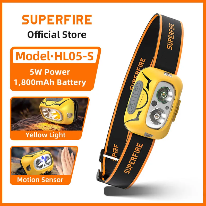 

SUPERFIRE HL05-S светодиодный налобный фонарь с датчиком движения, перезаряжаемая фара с бесступенчатым затемнением, желтый/белый фонарь для рыбалки и кемпинга