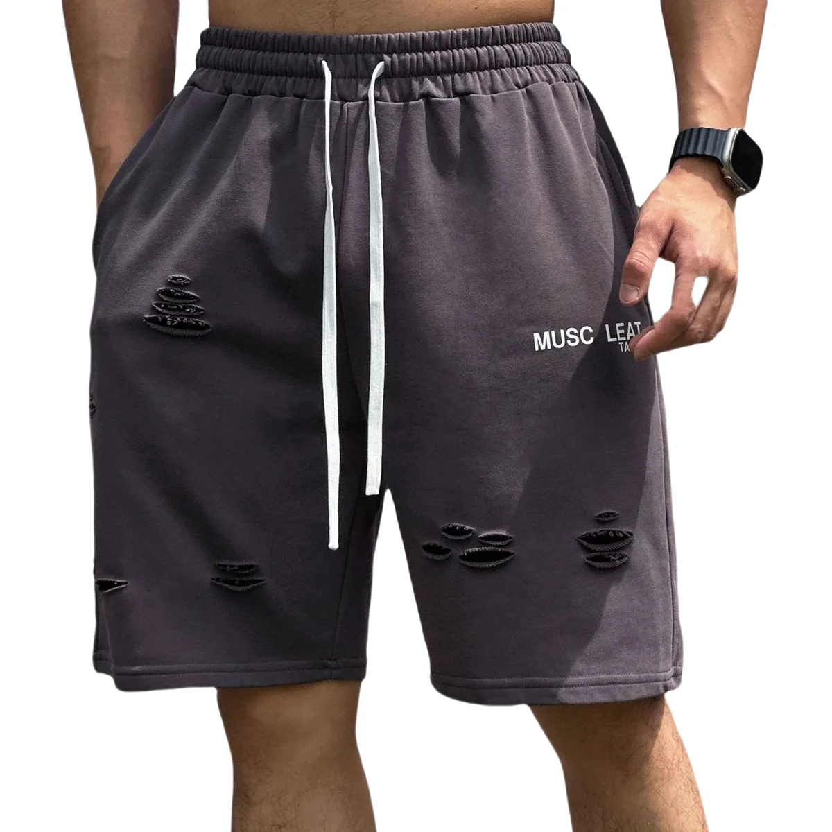 

Men Gym Cotton Shorts Running Jogging Sport Fitness Distressed Holes Bermuda Male Summer Crossfit Workout Training Loose Bottoms