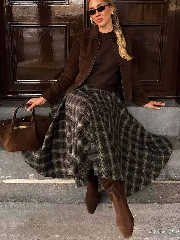 

Европейский и американский стиль, зимняя новая модная тенденция, женская повседневная универсальная темпераментная простая свободная клетчатая юбка миди