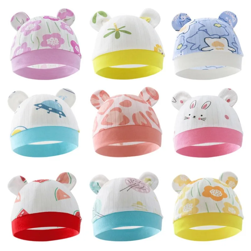 New Newborn Single Layer Fetal Hat with Two Ears 0-3 Months Infant Printed Soft Bear Baby Hat Children's Hat