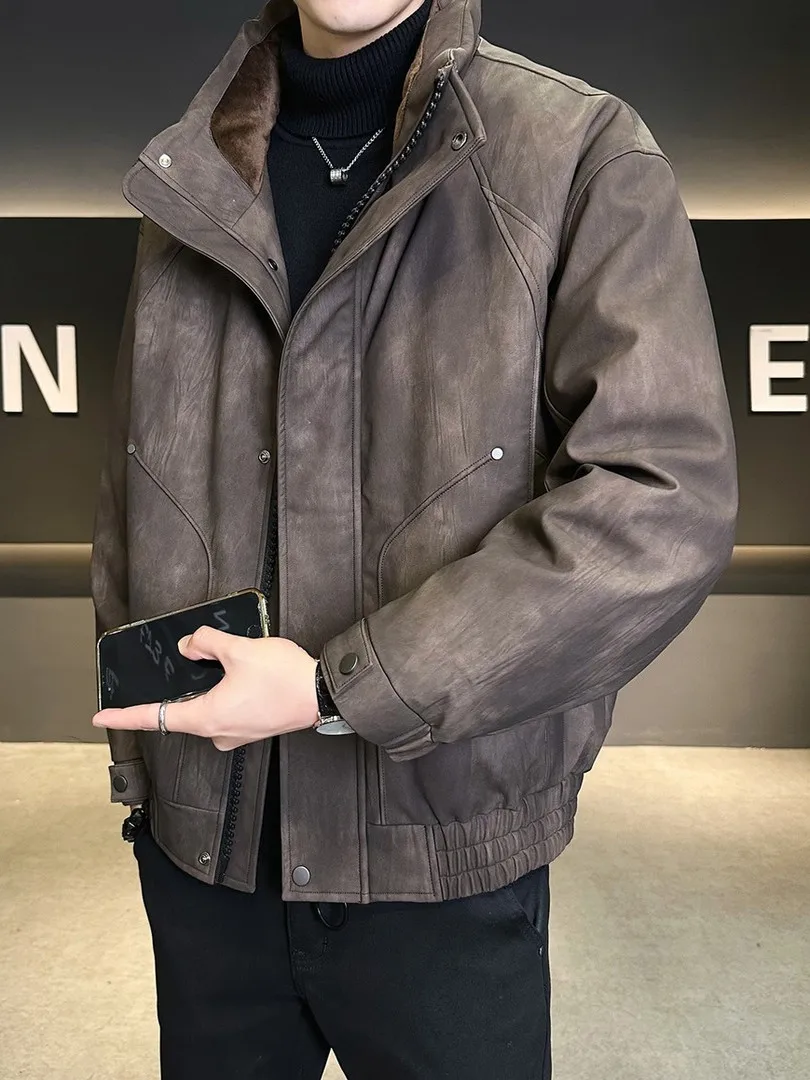

Men's Thiened Winter down Jaet No Wa Tie Dye Leather Surface Stand Collar Warmth Outerwear American Sle Zipper Closure