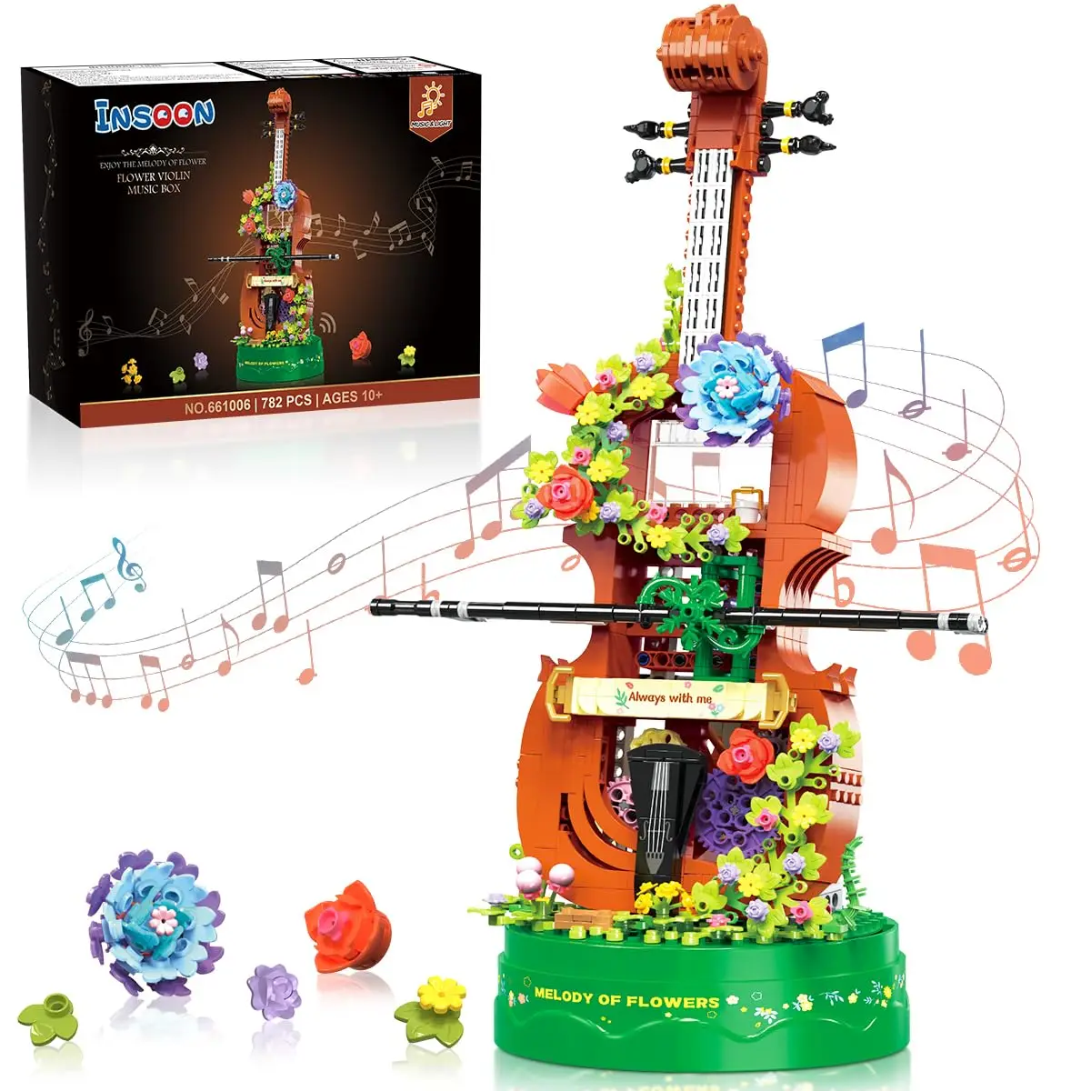 Ensemble de construction de boîte à musique violon à fleurs avec bouquet LED, décor de système conduit par engrenage, cadeau créatif pour femme, enfants de 6 ans et plus