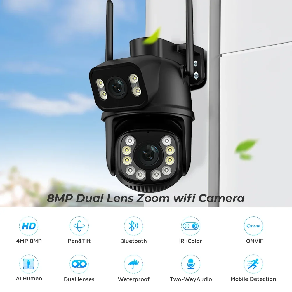 4K 8MP Wifi IP Camera Dual Lens Outdoor Wireless Surveillance Camera Color Night Vision P2P Security Protection Monitor iCSee