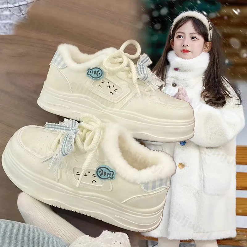 

Girls Sports Shoes 2026 Winter Warm Plush Fashion Casual Shoes Cute Sweet Platform Cotton Shoe Outdoor Non Slip Lace Up Sneakers