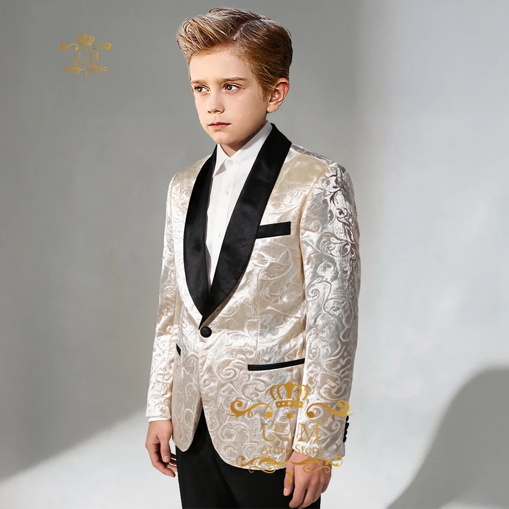 Boys' 2-Piece Beige Suit Jacquard Jacket Black Pants Slim-Fit Formalwear Custom for Wedding Ring Bearers Parties Child's Tuxedo
