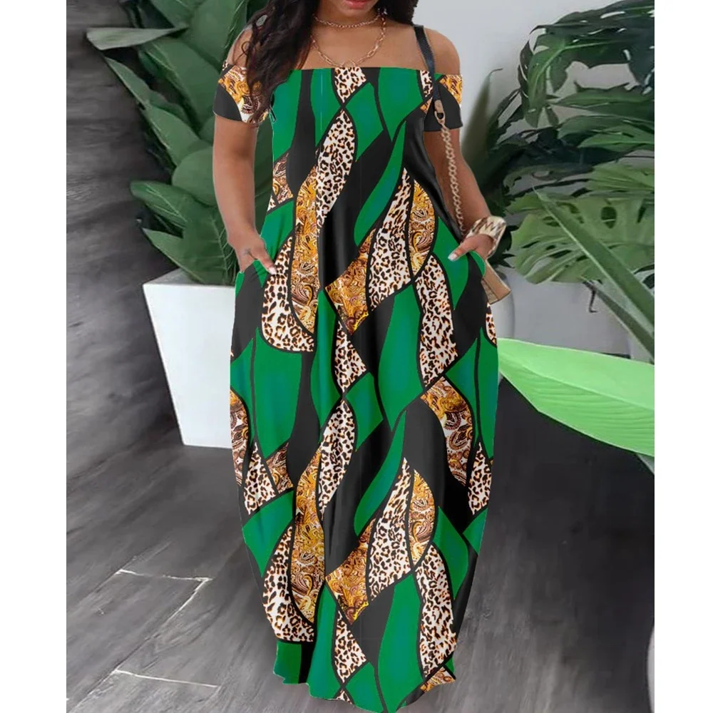 Beach Dress Women Casual Sexy Off Shoulder Slash Collar Dress Loose African Ethnic Style Fashion Print Full Length Dress