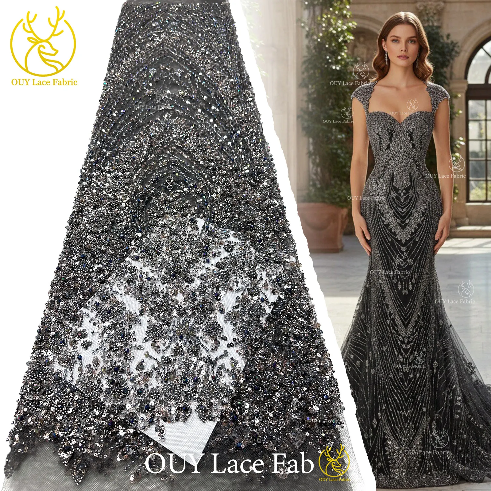 New Luxury Custom Women's Party Dress Lace Fabric 2026 Exquisite African Handcrafted Heavy Beaded Sequin Lace Material 5 Yards