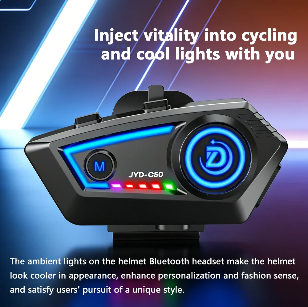 1/2pcs C50 Bluetooth 5.4 Helmet Headset Motorcycle Earphone Waterproof MP3 Music Player Speaker Kit for Moto with Ambient Light