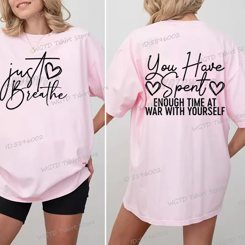 Just Breathe Heart Design T-shirt Inspirational Quotes Graphic Tee Trendy Mothers Day Gifts Positive Crewneck Short Sleeve Shirt