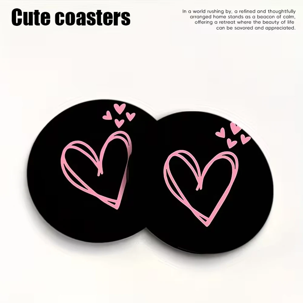 2 Pink Heart-Printed Car Coasters |   Water-Absorbent, Splash-Proof, Easy to Clean, Suitable for Office/Home/Car Use, Is an Ideal Gift for Valentine's Day/Birthday, Enhances the Interior Decoration of the Car, Compact and Portable.