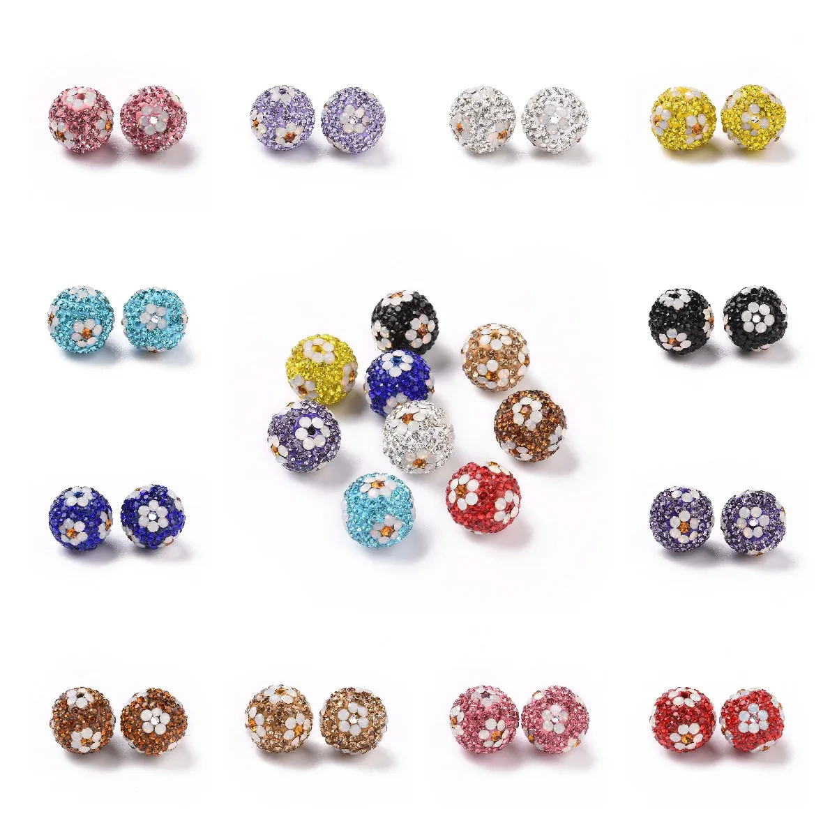 

20pcs Rhinestone Pave Round with Flower Polymer Clay Disco Ball Beads for Jewelry Making Bracelet Earrings DIY Accessories