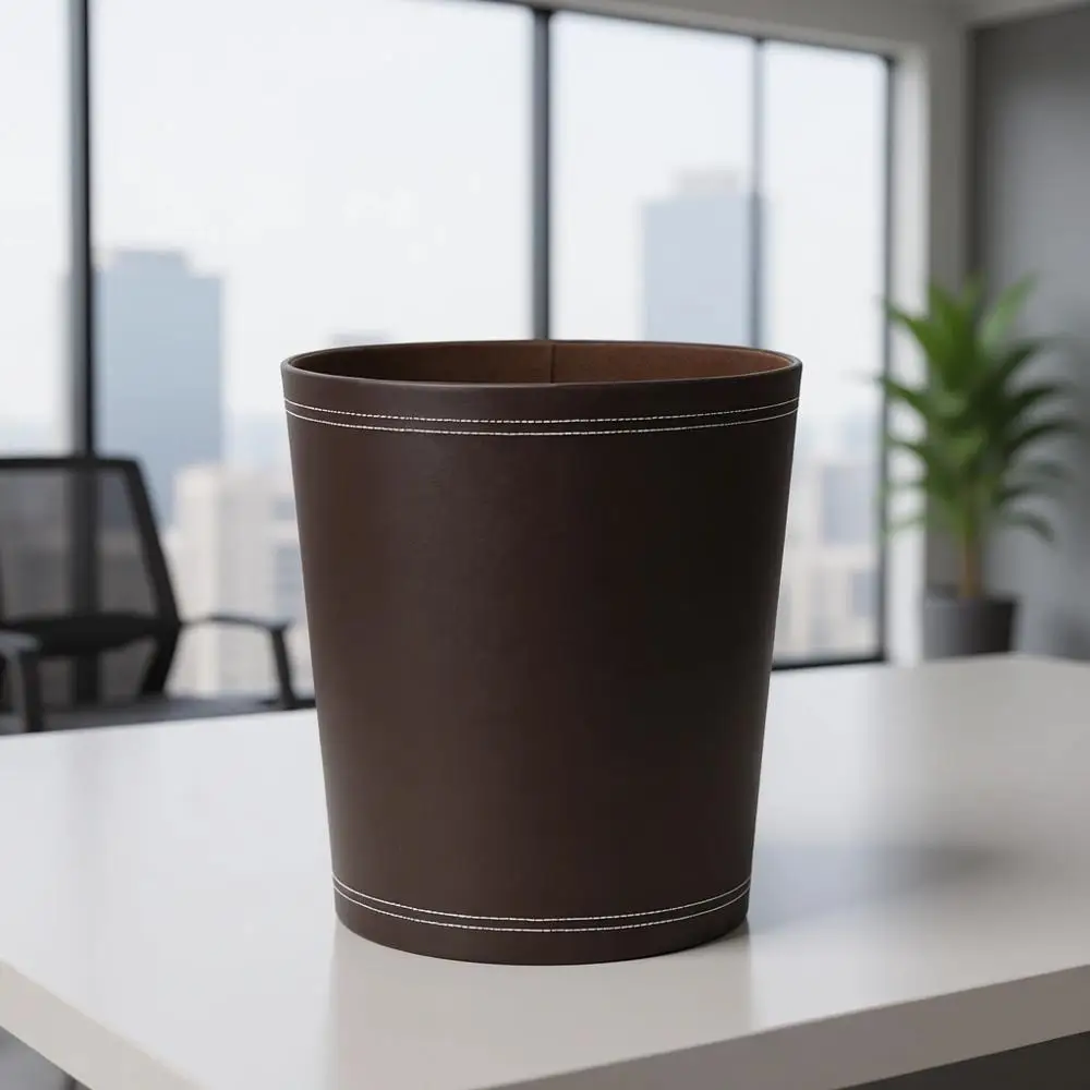 

Round Brown Leather-Look Wastebasket for Home, Office, and Hotel Bathrooms, Kitchens