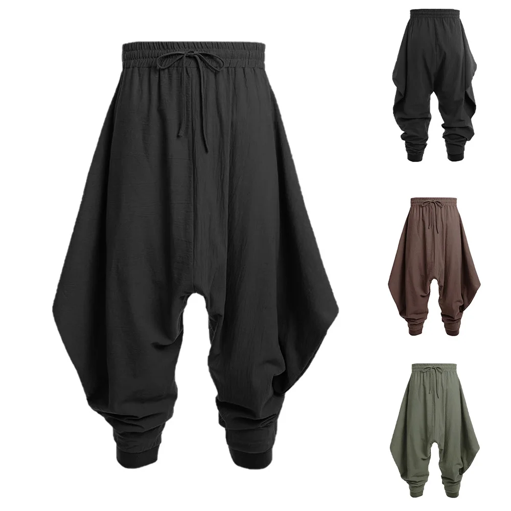 

Мужские брюки свободного кроя из хлопка и льна, дышащие, в стиле хип-хоп, винтажные, однотонные, повседневные, модные, уличная одежда
