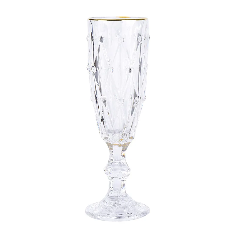 Transparent Golden Edge Glass Juice Cup, Machine Pressure Printed, Thickening Retro Diamond Pattern, Red Wine Champagne Western