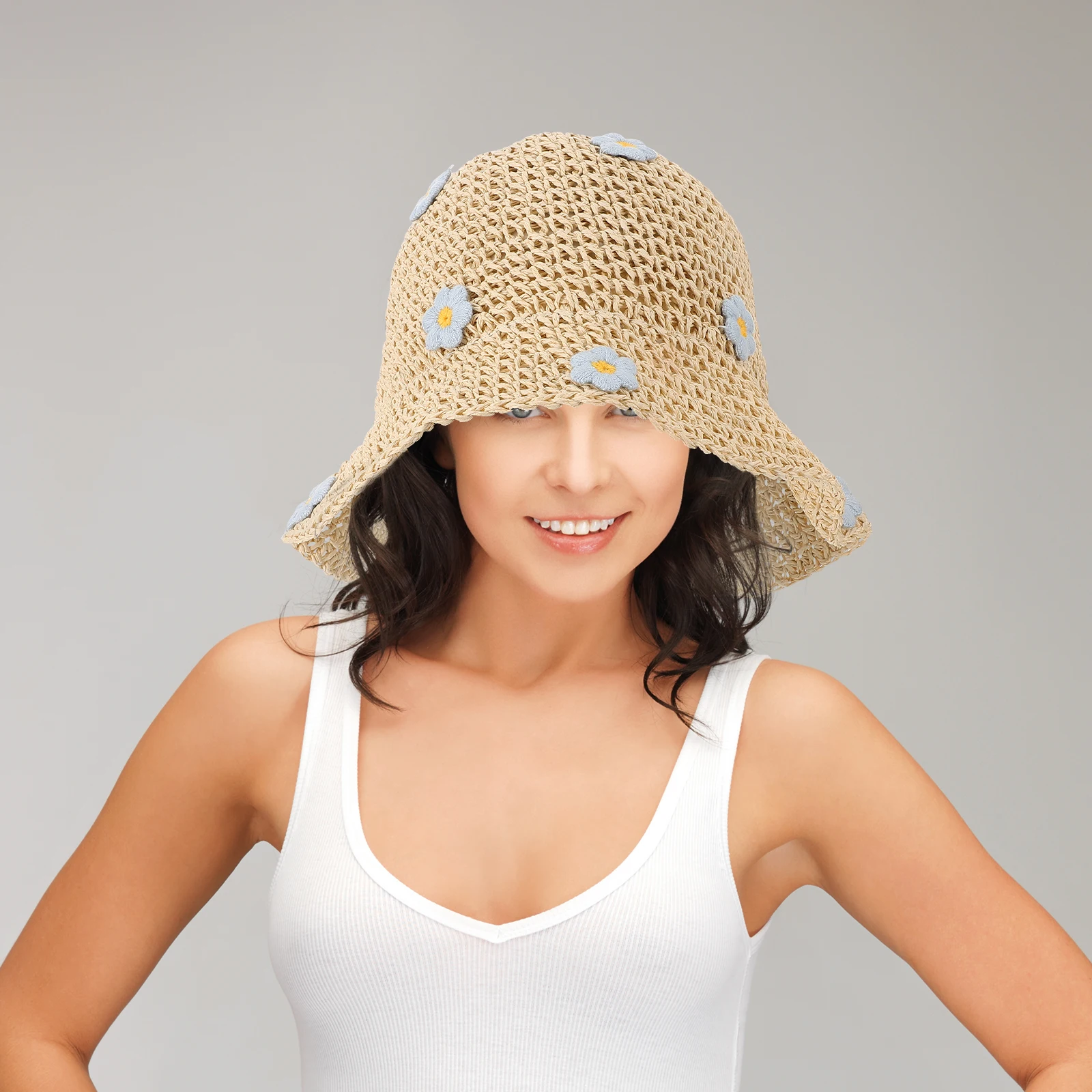 

Blue Flower Bucket Hat for Women Large Brim Sun Hat Summer Beach Sand Lightweight Foldable Sun Protection Comfortable Wearing