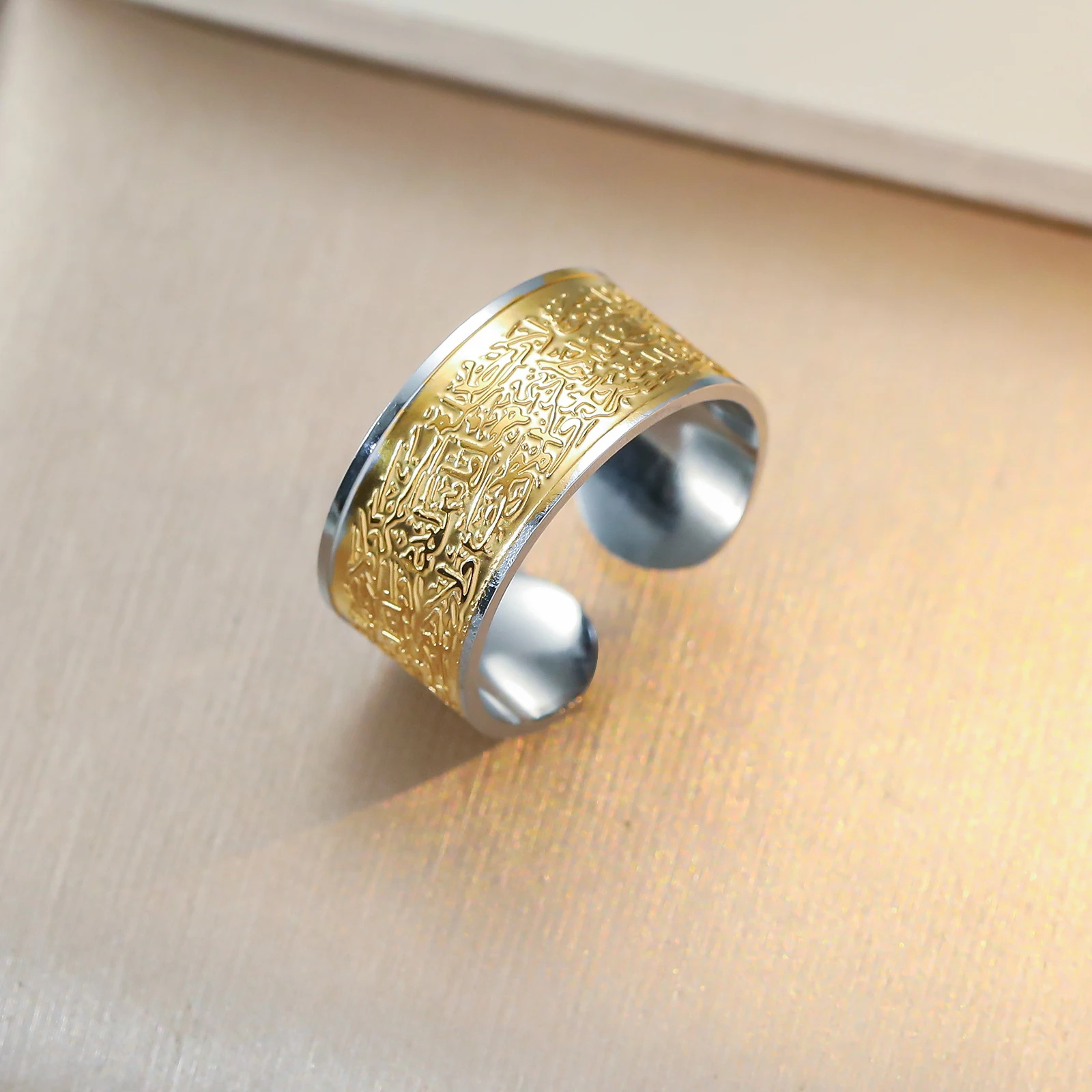 Antique Two-Tone Embossed Arabic Calligraphy Open Ring 304 Stainless Steel Muslim Faith Adjustable Wide Ring for Daily and Formal Occasions Accessory