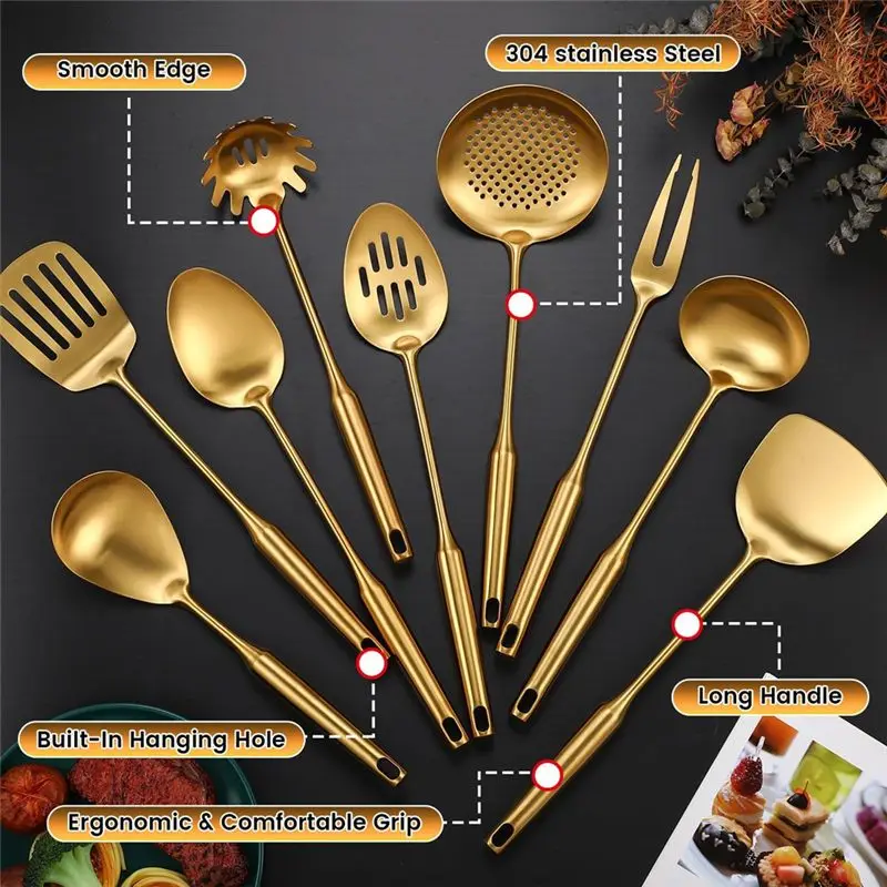 AEE4-9 Pcs 304 Stainless Steel Kitchen Utensils Set Cooking Utensils Spatula, Solid Spoon, Slotted Spoon, Fork, Ladle,Skimmer