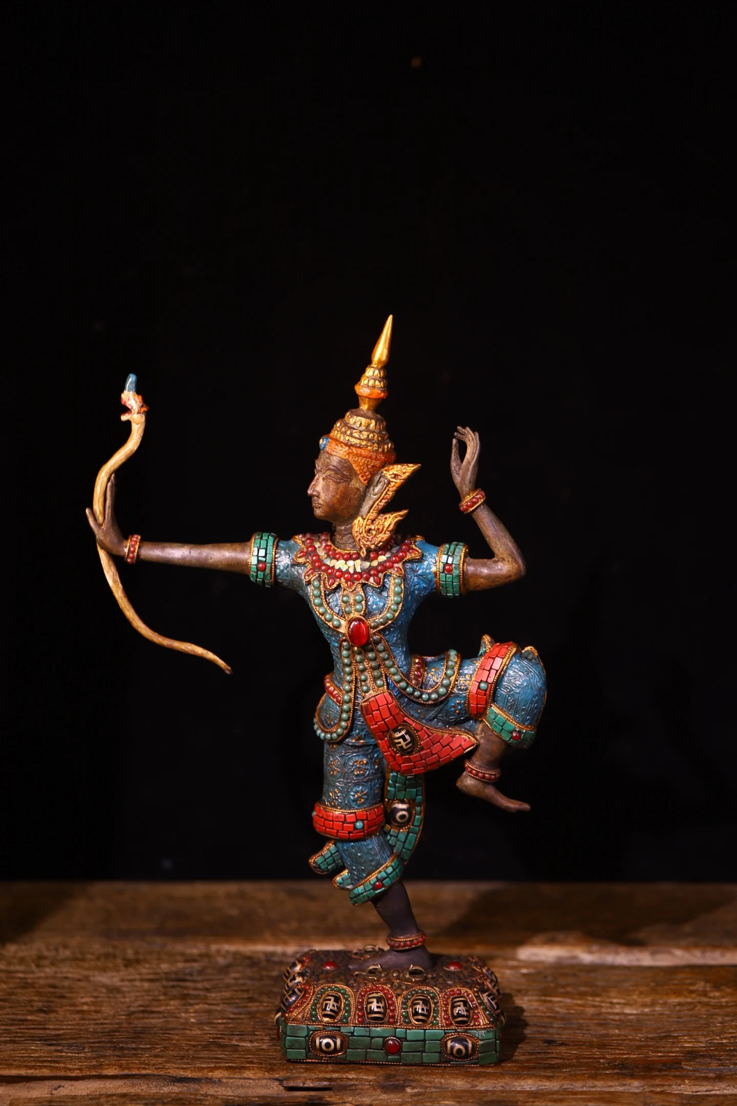 Old Lima Copper Mosaic Gem gZi Beads Turquoise Molizhitian Dance Goddess Lotus Terrace Standing Buddha Worship Hall