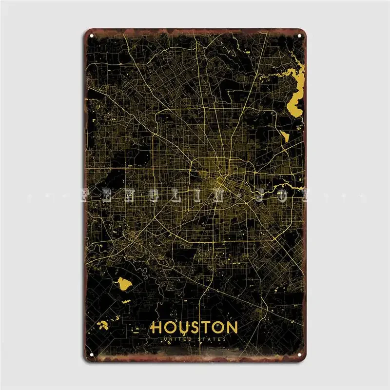 Houston Map Gold Metal Plaque Poster Wall Cave Plates Home Create Tin Sign Posters