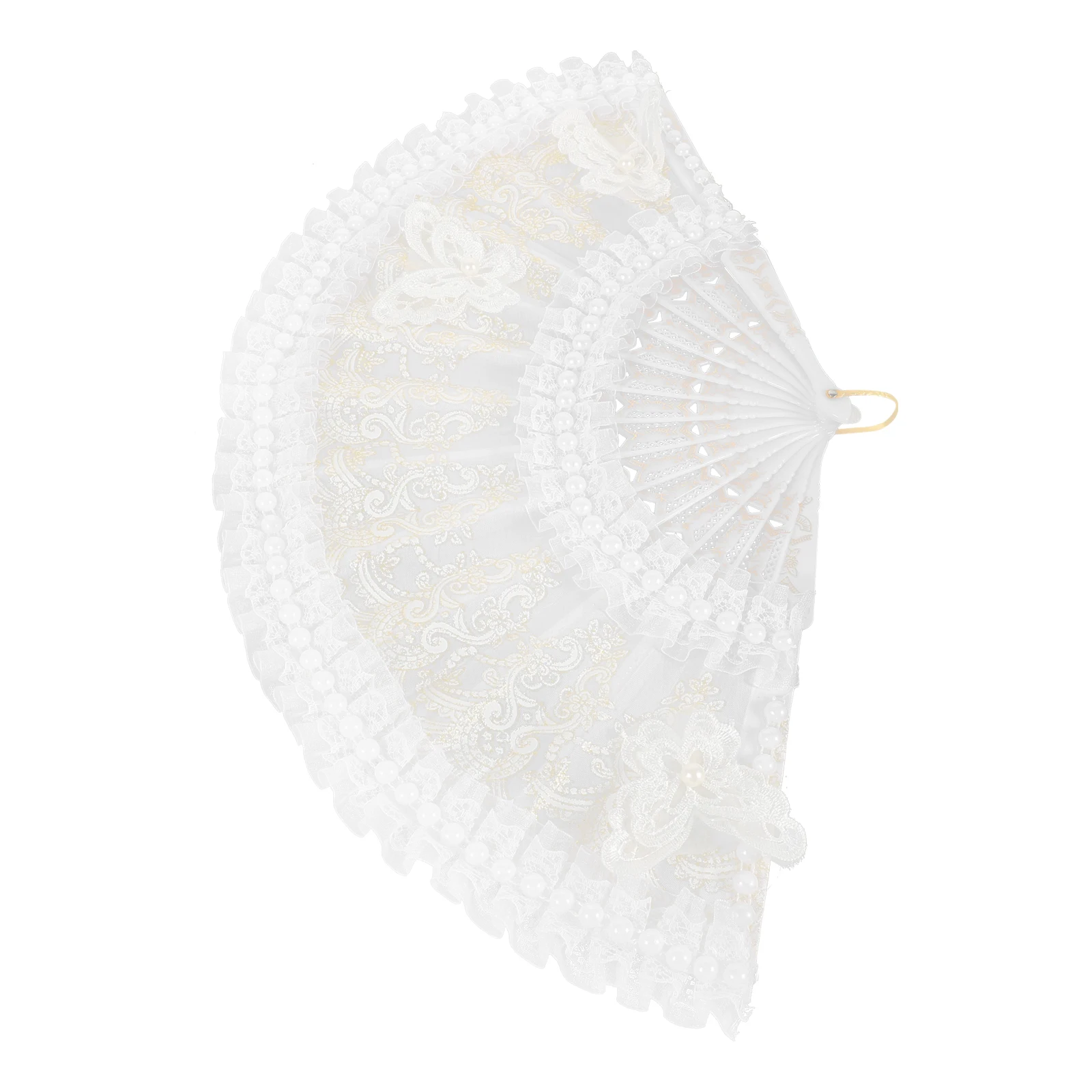 

Folding Lace Hand Fan White Women Wedding Party Supplies PU Cloth Pearl Decorative Dancing Stage Props Storage Easy