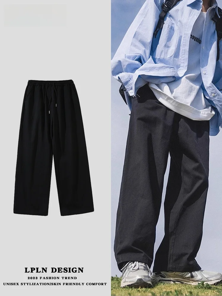 

LPLN Men's Casual Pants Autumn Season High Waist Slightly Elastic Straight Leg Fce Lined Loose Fit Student Long Trousers