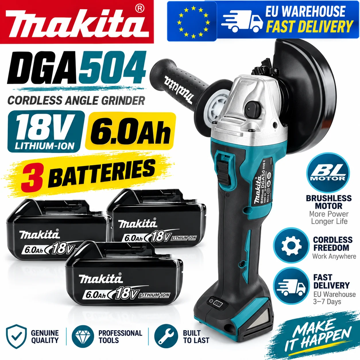 Makita DGA504 18V Akku Bürstenloser Elektrischer Winkelschleifer 125mm Kabelloser Schleifer für Metall- und Holzbearbeitung, Schleifen, Polieren und Schneiden