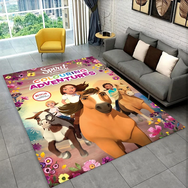 HD Cartoon Spirit Riding Free Horses Non-Slip Area Rug for Living Room Bedroom Playroom,Carpet Floor Mat for Home Decor Holiday