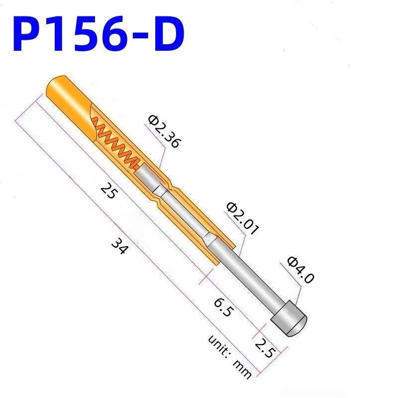 100PCS P156-D Spring Test Probe Test Pin Pogo Pin Total Length 34mm Copper Nickel Plated Head Dia 4.0mm Pin Dia 2.36mm