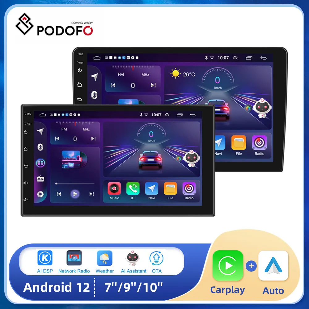 Podofo 2 Din Android 12 Auto Multimedia Video Player 2DIN Stereo Radio GPS For Für Tesla Stil Nissan Hyundai kia Toyota Honda