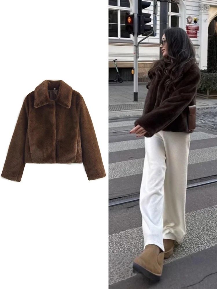 レディースファッション人工毛皮ブラウンコート冬用ゆったり保温通勤ショートコートラペル付き長袖カジュアルコート