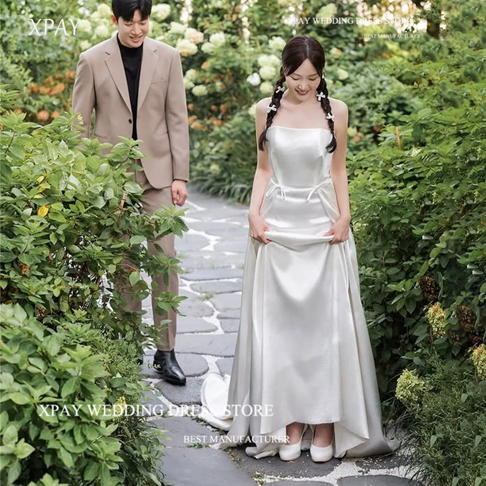 

XPAY Simple Ivory Satin Train Wedding Dresses For Korea Photo shoot Strapless Formal Party Customized Wedding Photo shoot 웨딩드레스