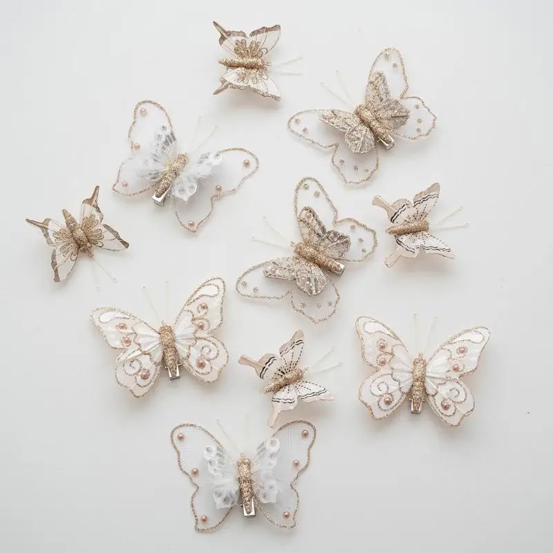 E8BD Reflective Butterfly Christmas Tree Hanging Decorations with Double-Wing Detail and Metal Clip 10-Piece for Wreath Displays