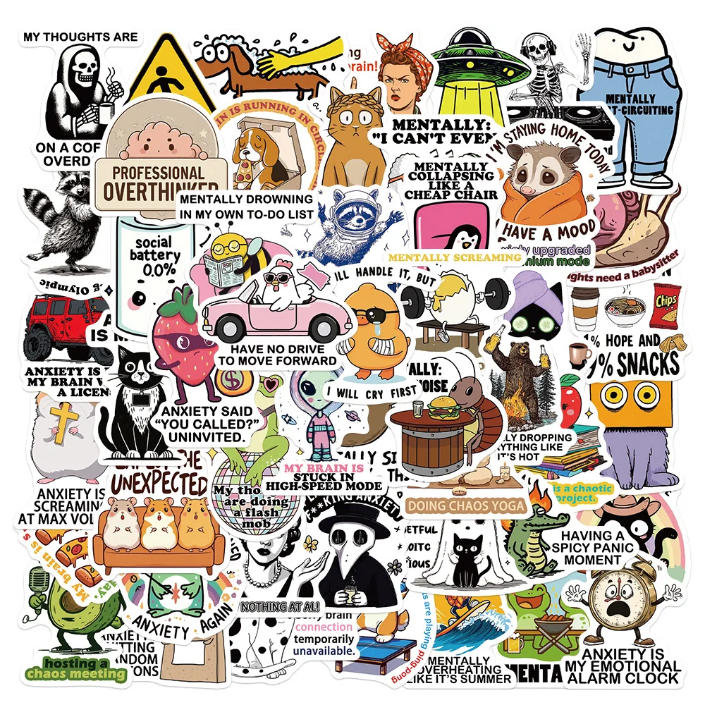 

50PCS Anxiety Mental Health Meme Stickers Funny Sarcastic Relatable Cartoon Style DIY Decoration Waterproof Stickers Kids Toy