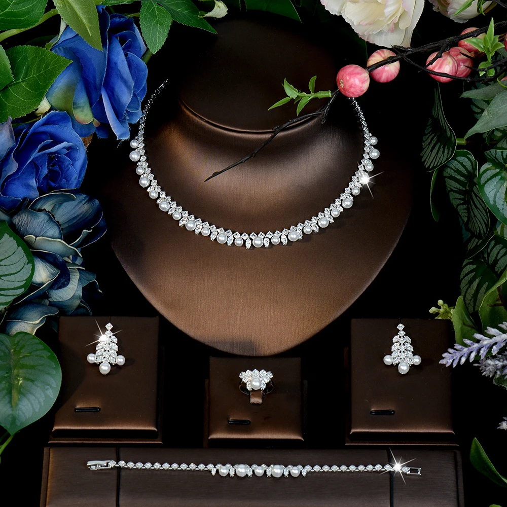 HIBRIDE Popular New Luxury Sparkling Zircon Pearl Necklace Earrings Everyday Women's Jewelry Wedding Bridal Travel Gift S-1237