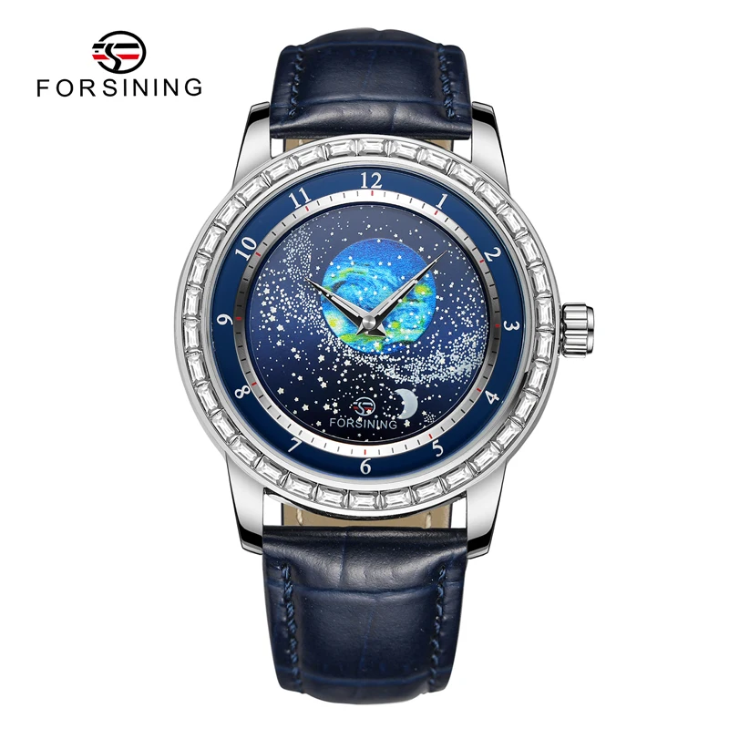 FORSINING Men's Automatic Mechanical Watch Dynamic Starry Sky Dial Rotating Star Display Artistic Male Wristwatch Birthday Gift
