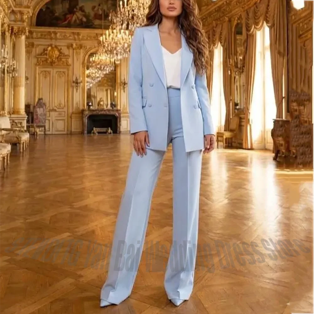 Light Blue Elegant Two Piece Set Women Suit Slim Fit Double Breasted Professional Formal Blazer Outfit Business Work Wear