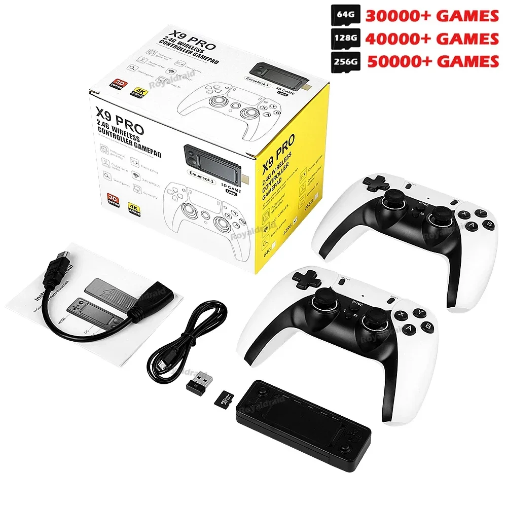 128G 256G X9 PRO GameStick 4KHD TV لعبة فيديو وحدة التحكم ألعاب ثلاثية الأبعاد لـ PSP/PS1/N64/NDS 40 + محاكاة ألعاب ريترو وحدة تحكم مزدوجة 2.4G