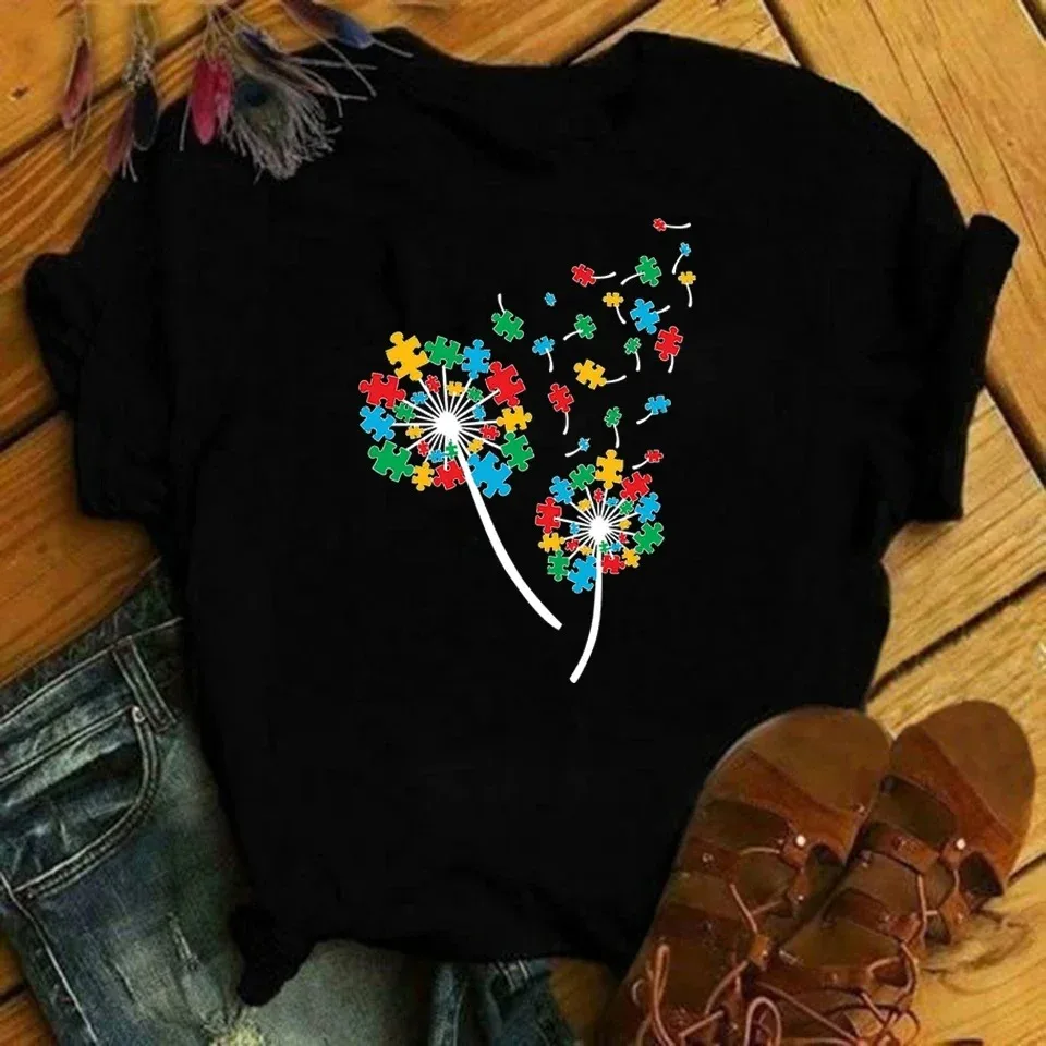 2024 Summer Clothes Autism Awareness Print T-shirts Women Harajuku Graphic Tee Casual Camisetas Tops for Women Blusas Mujer